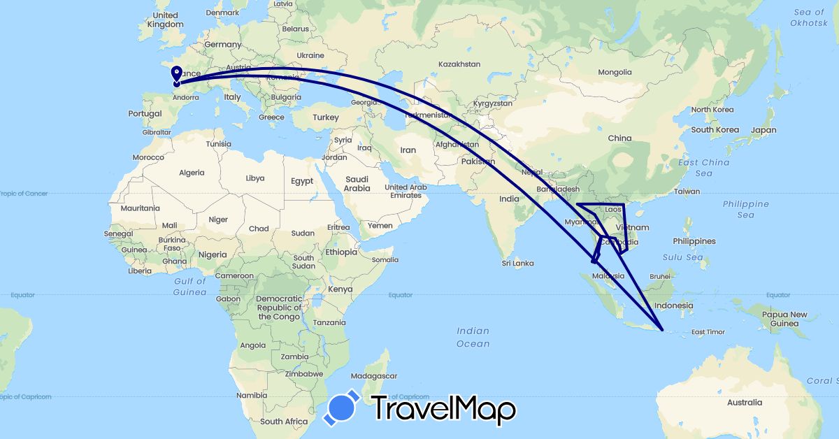 TravelMap itinerary: driving in France, Indonesia, Cambodia, Myanmar (Burma), Thailand, Vietnam (Asia, Europe)